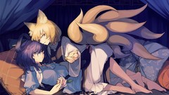 Flowers Anime beds curtains blondes pillows barefoot short hair 