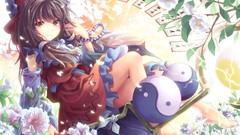 Flowers Anime brown dress barefoot hakurei reimu touhou