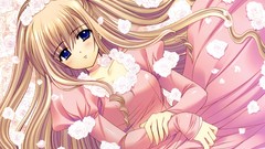 Flowers Anime brown dress long hair blue eyes choker