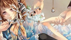 Flowers Anime brown dress Ribbons long hair pink eyes anime 