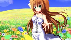 Flowers Anime brown hats long hair anime girls green eyes 