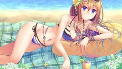 Flowers Anime brown navel Beaches sunglasses long hair blue 