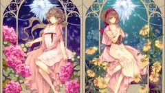 Flowers Anime brown tears dress barefoot anime girls green eyes