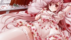 Flowers Anime dress red eyes blush pink hair long hair anime 