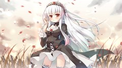Flowers Anime dress red eyes Ribbons long hair rose petals 