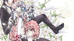 Flowers Anime dress tie Trap suit blue eyes brunettes tights 
