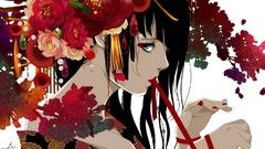 Flowers Anime kimono black hair black eyes Japanese clothes