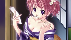 Flowers Anime kimono pink hair anime girls carnelian purple 