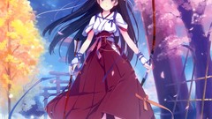 Flowers Anime sakura long hair anime girls flower petals miko 