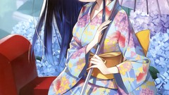 Flowers Anime Umbrellas long hair anime girls blue eyes black 