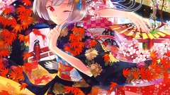 Flowers Anime white hair red eyes kimono fans anime girls scans 