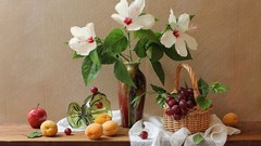 Flowers apple peach grapes still life