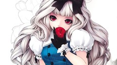 Flowers apples Anime white hair red eyes bows anime girls black 