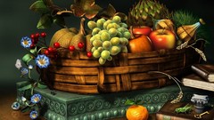 Flowers apples Books oranges grapes fruits baskets
