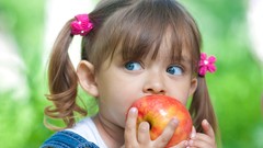 Flowers apples children eating blue eyes portraits