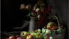 Flowers apples grapes black background fruits