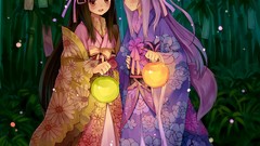 Flowers bamboo kimono lanterns anime girls brown eyes brunettes 