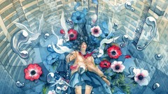 Flowers Birds abstract Pigeons falling skirts anime girls 