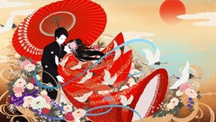 Flowers Birds couple Umbrellas kimono artwork Japanese clothes