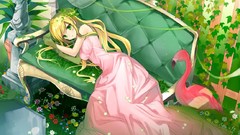 Flowers Birds dress blondes anime girls green eyes lying down 