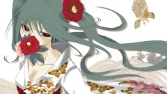 Flowers Birds hatsune miku vocaloid twintails Japanese clothes