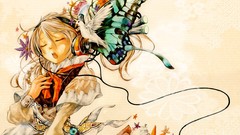 Flowers Birds headphones anime girls closed eyes Simple 