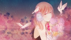 Flowers Birds headphones pink hair long hair anime girls green 