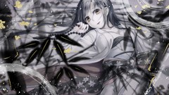 Flowers black and white kimono anime girls Japanese clothes