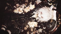 Flowers black dark weapons dress Knives white hair red eyes 