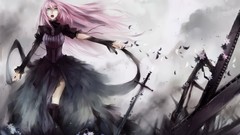 Flowers black weapons smoke ruins dress Swords pink hair long 