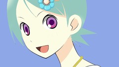 Flowers blue background faces anime girls short hair bangs 