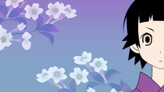 Flowers blue background faces anime girls short hair bangs 