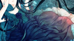 Flowers blue Butterflies Anime dress blue eyes brunettes 