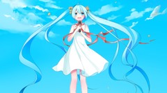 Flowers blue clouds dress Ribbons microphones blush long hair 