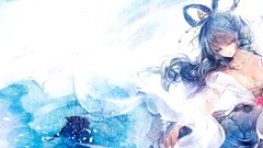 Flowers blue dress Jewelry bracelets blue hair long hair anime 