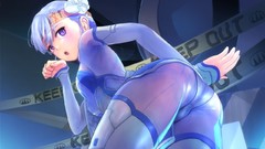 Flowers blue hair anime girls short hair open mouth purple eyes 