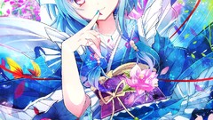 Flowers blue hair anime girls touhou animal ears yukata 