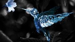 Flowers blue pollen black and white Birds metal wings Robots 