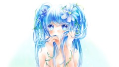 Flowers blush blue hair long hair blue eyes hatsune miku 