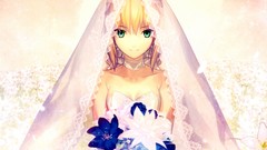 Flowers bouquet dress saber blondes veil green eyes short hair 