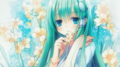Flowers bracelets blush long hair anime girls green eyes 