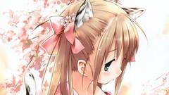 Flowers branches close-up faces bows blondes long hair anime 