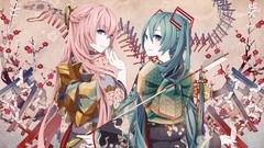 Flowers branches dress kimono arrows skulls pink hair long hair 