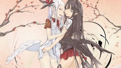Flowers branches wings white hair red eyes bows skirts hugging 