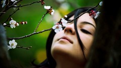 Flowers branches woman faces outdoors brunettes bleach models 