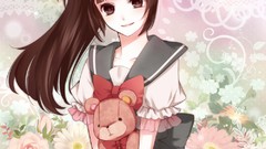 Flowers brown eyes brunettes ponytails teddy bears