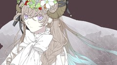 Flowers brown horns anime girls purple eyes Simple Background 