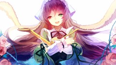 Flowers brown red eyes Ribbons long hair green eyes brunettes 