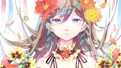 Flowers brown Ribbons long hair purple eyes choker