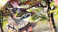 Flowers brown scarfs long hair pink eyes anime girls twintails 